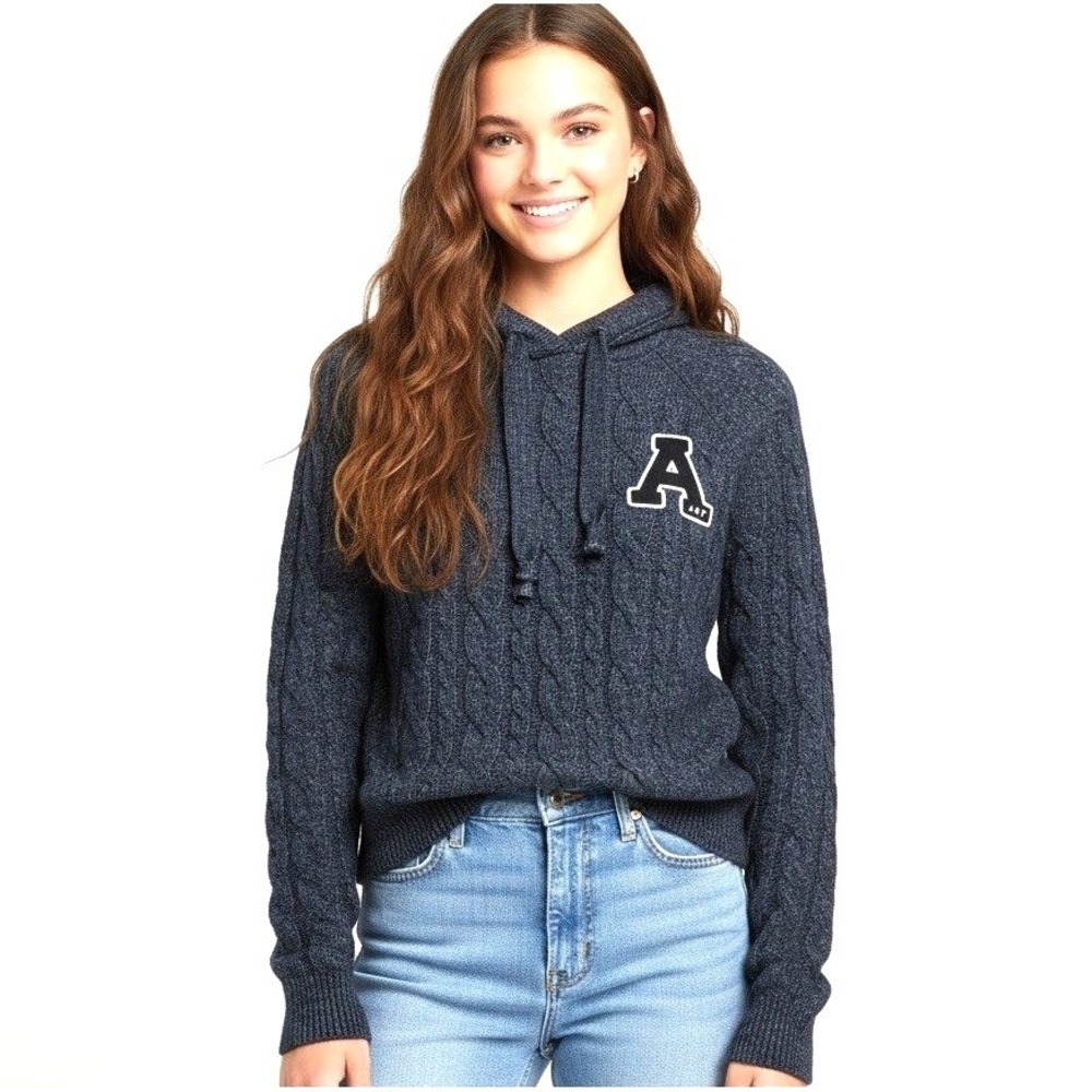 Abercrombie Fitch Sweater‎ Womens Navy Hoodie Varsity Logo Cable Knit Size XXS